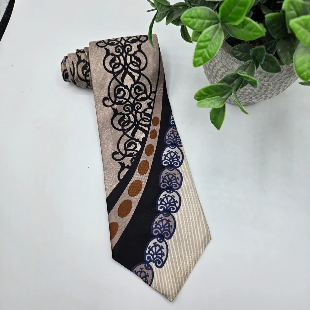 Prieto‎ Mens Necktie 100% Silk USA Abstract Brown Black Blue Unique Tie  56x4